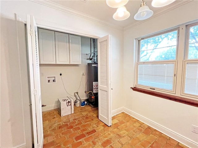 bedroom with gas water heater, ornamental molding, and a notable chandelier