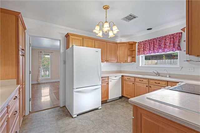 kitchen featuring white appliances, crown molding, a notable chandelier, and sink