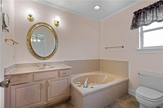 bathroom with a bath, toilet, ornamental molding, and vanity