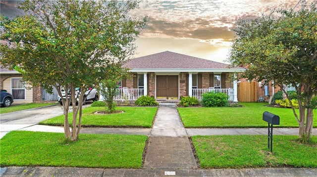 view of front of house with a yard and a porch