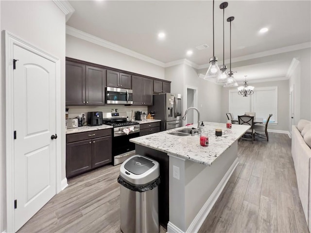 kitchen featuring pendant lighting, light wood-type flooring, a kitchen island with sink, sink, and stainless steel appliances