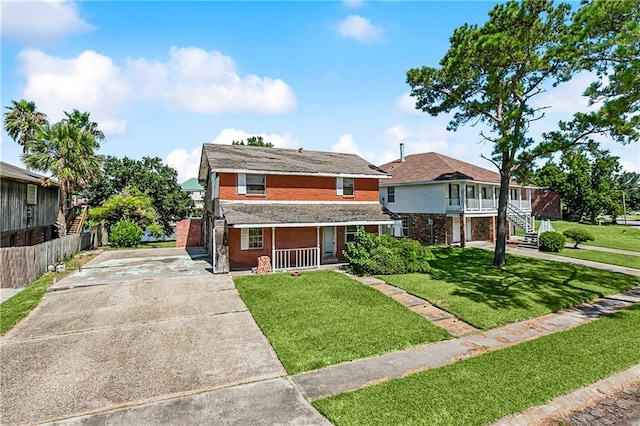 view of front of property with a porch and a front lawn