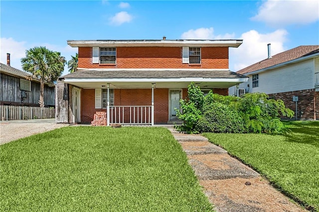 view of front property featuring a front lawn and covered porch