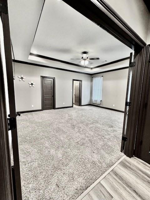 empty room featuring a tray ceiling, ceiling fan, and wood-type flooring