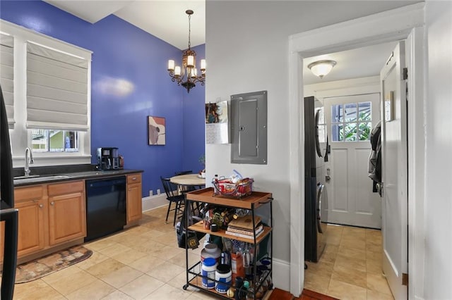 kitchen with a chandelier, electric panel, sink, black dishwasher, and light tile patterned flooring