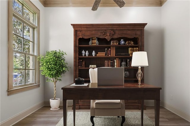 office space featuring crown molding and hardwood / wood-style floors