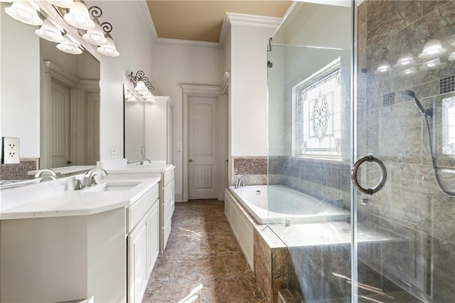 bathroom with vanity, crown molding, and independent shower and bath