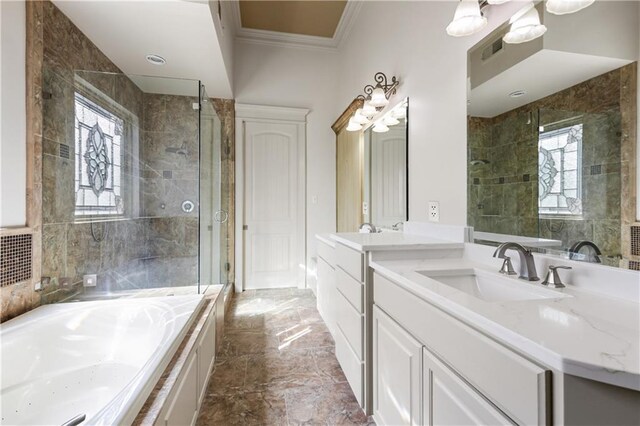 bathroom featuring independent shower and bath, crown molding, and vanity