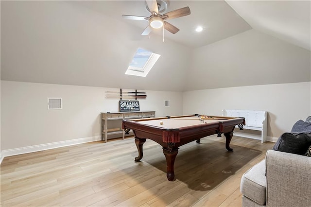 game room with pool table, vaulted ceiling, ceiling fan, and light wood-type flooring