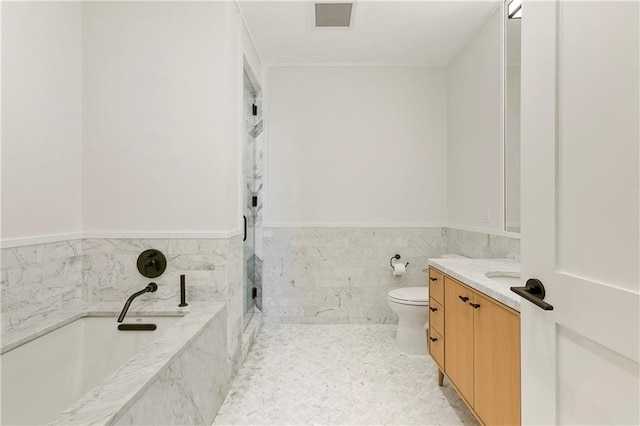 full bathroom with plus walk in shower, tile walls, toilet, and vanity