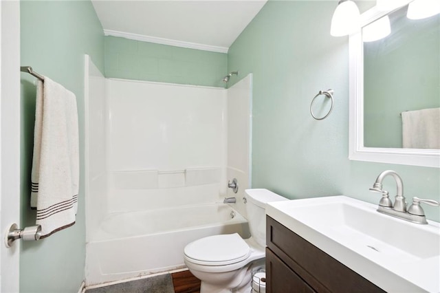 full bathroom with shower / bath combination, toilet, wood-type flooring, and vanity