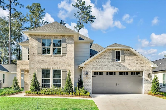 view of front of home with concrete driveway, a front yard, a shingled roof, a garage, and brick siding