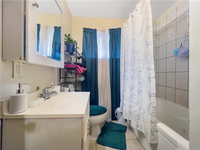 full bathroom with tile patterned flooring, vanity, toilet, and shower / bath combination with curtain