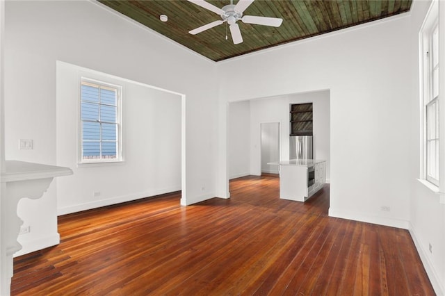 empty room with ornamental molding, wooden ceiling, ceiling fan, and dark hardwood / wood-style floors