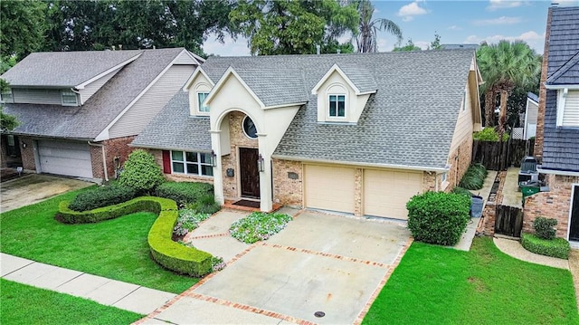 view of front of house with a front yard and a garage