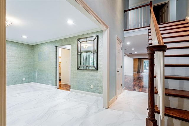 interior space with crown molding and hardwood / wood-style floors