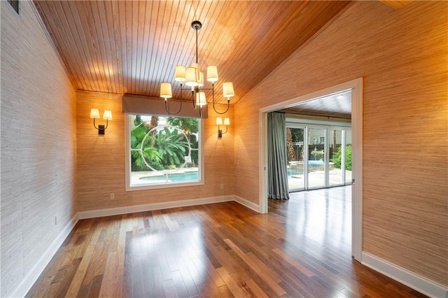 empty room featuring wooden ceiling, wooden walls, dark hardwood / wood-style floors, and a chandelier