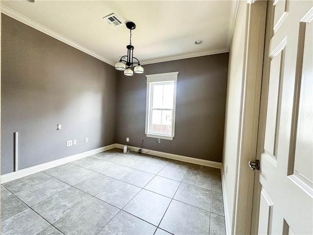 tiled empty room with crown molding and a notable chandelier