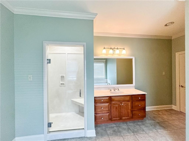 bathroom with walk in shower, vanity, crown molding, and tile patterned flooring