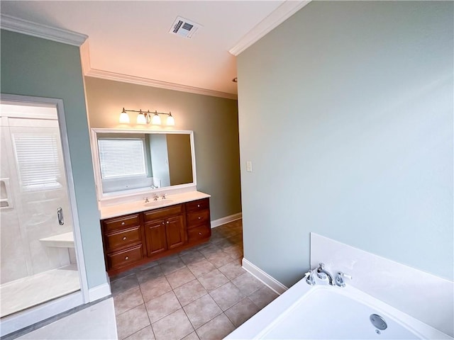 bathroom featuring vanity, shower with separate bathtub, crown molding, and tile patterned floors