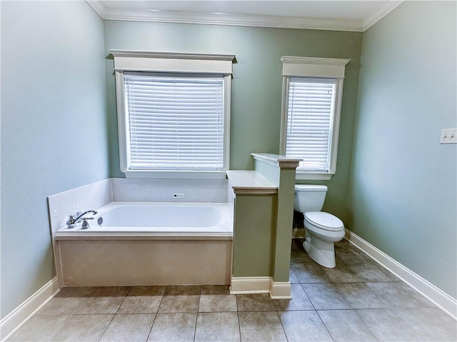 bathroom with a bath, tile patterned flooring, ornamental molding, and toilet