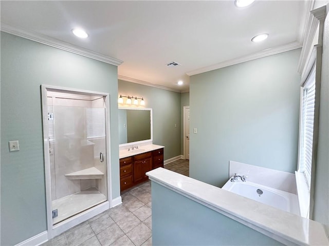 bathroom with ornamental molding, shower with separate bathtub, tile patterned floors, and vanity