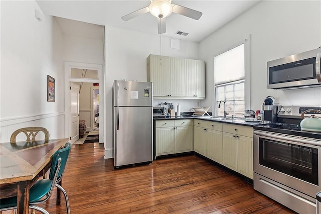 kitchen with a ceiling fan, visible vents, cream cabinetry, dark countertops, and appliances with stainless steel finishes