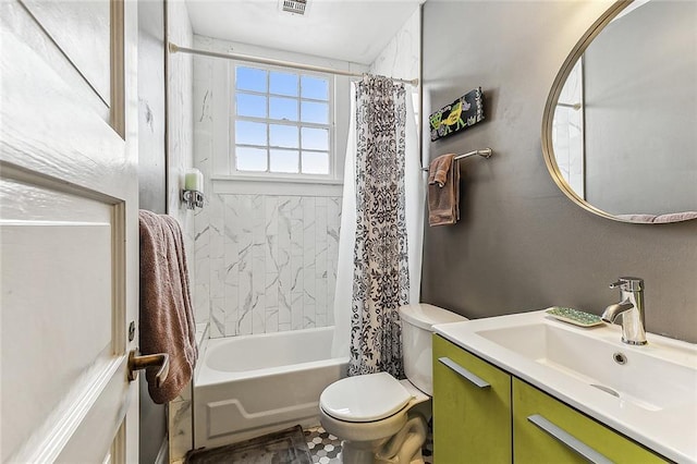 bathroom featuring toilet, vanity, and shower / bathtub combination with curtain