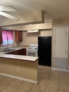 kitchen with ceiling fan, black fridge, white electric stove, kitchen peninsula, and light tile patterned floors