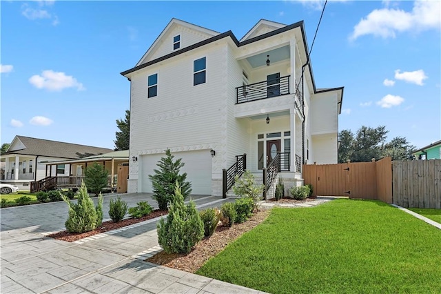 view of front of home with a front yard, a balcony, and a garage