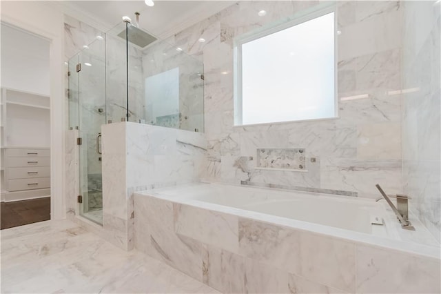 bathroom with plus walk in shower and ornamental molding