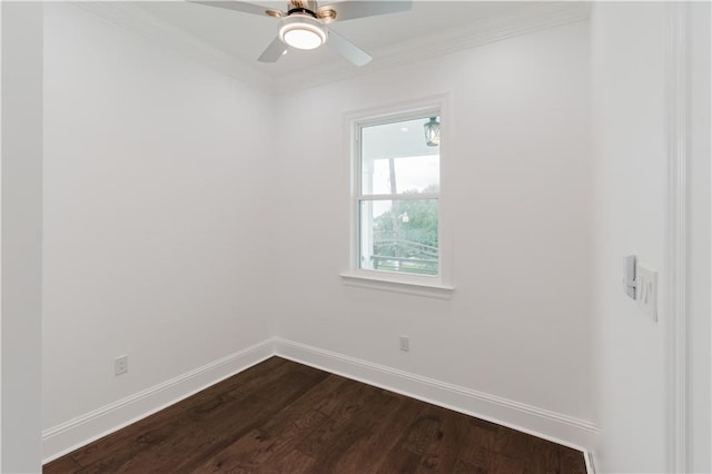 unfurnished room with wood-type flooring, crown molding, and ceiling fan