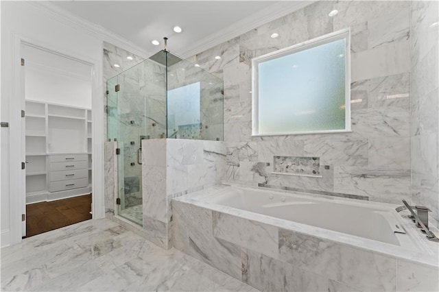 bathroom with crown molding, tile walls, and plus walk in shower