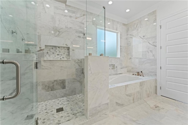 bathroom featuring independent shower and bath and crown molding