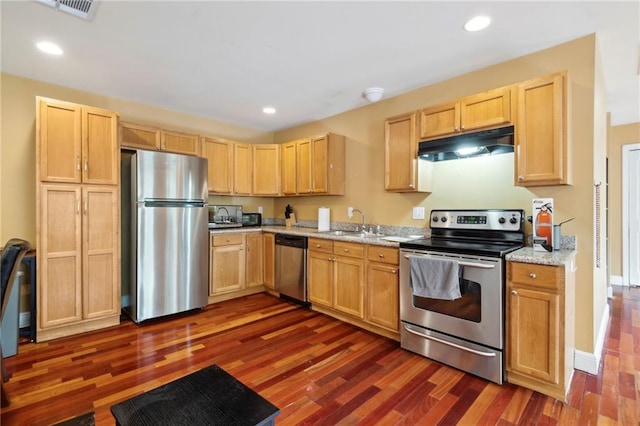 kitchen with light brown cabinets, appliances with stainless steel finishes, and dark wood-type flooring