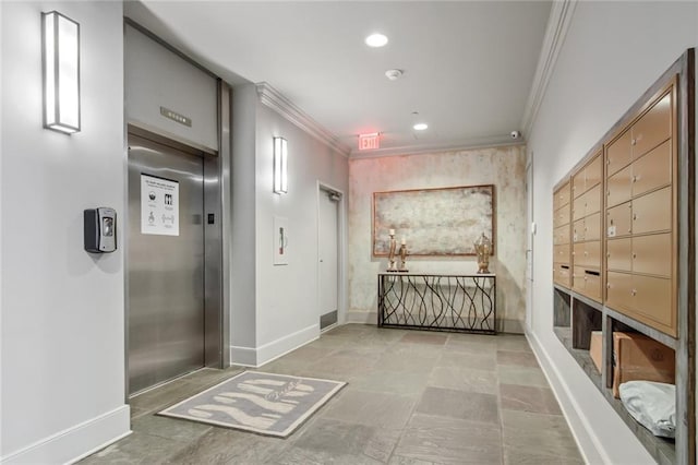 interior space with ornamental molding and elevator