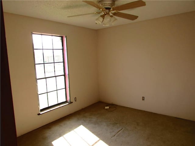 carpeted spare room featuring ceiling fan and a textured ceiling