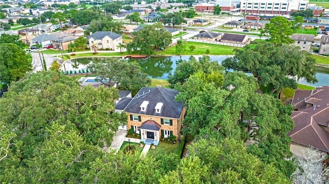 aerial view with a water view and a residential view