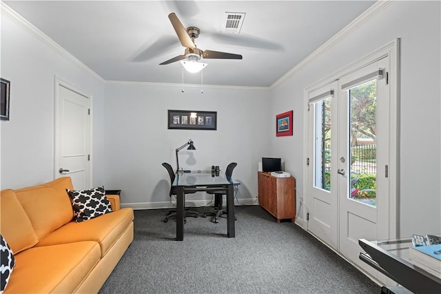 carpeted office space with a ceiling fan, visible vents, baseboards, french doors, and ornamental molding