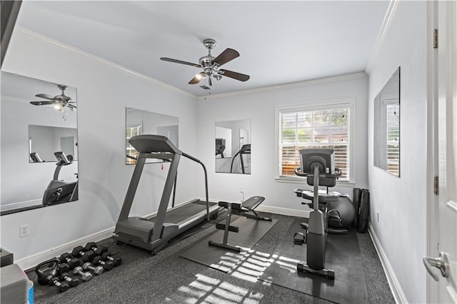 workout area featuring ornamental molding and baseboards