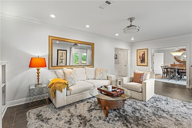 living area featuring ornamental molding, recessed lighting, visible vents, and tile patterned floors