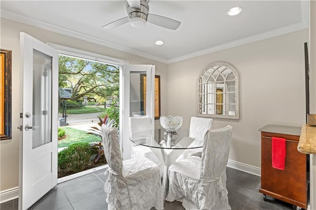 dining space with baseboards, ceiling fan, ornamental molding, tile patterned floors, and recessed lighting