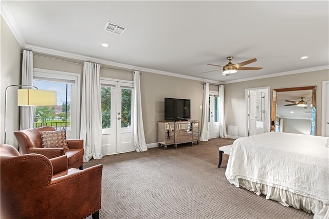 bedroom with baseboards, visible vents, ornamental molding, carpet flooring, and recessed lighting