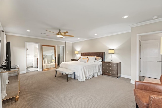 carpeted bedroom with ornamental molding, recessed lighting, baseboards, and a ceiling fan