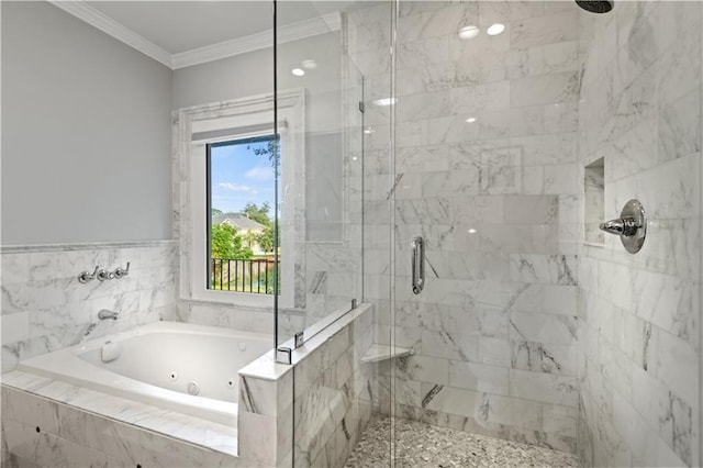 full bath featuring a jetted tub, crown molding, and a shower stall