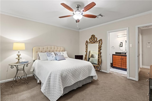 carpeted bedroom with baseboards, ceiling fan, a wall mounted AC, and crown molding