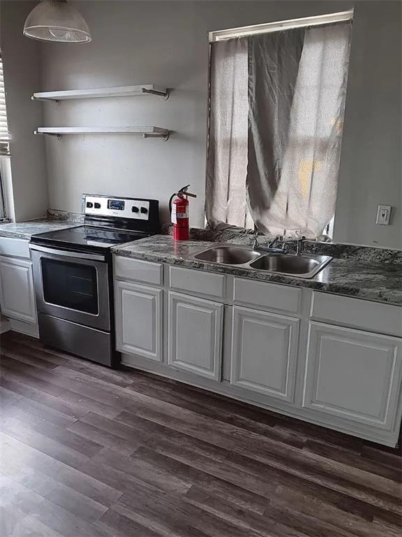 kitchen with white cabinetry, sink, electric stove, and dark wood-type flooring