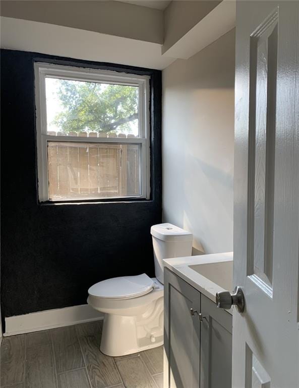 bathroom featuring vanity, toilet, and wood-type flooring