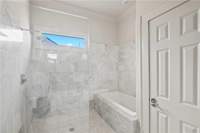 bathroom with shower with separate bathtub and crown molding