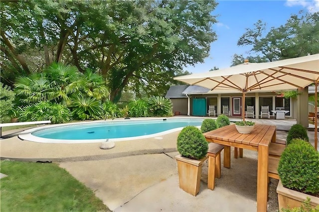 view of swimming pool with a diving board and a patio area